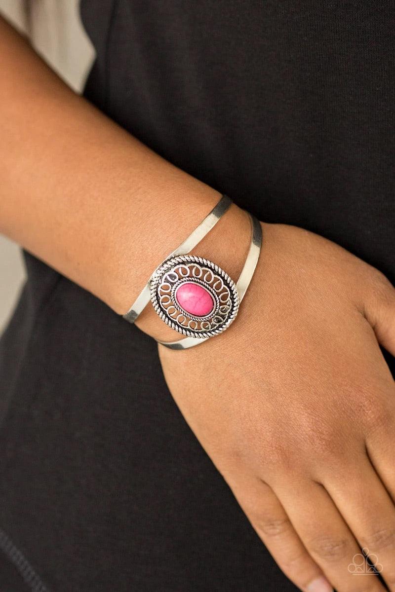 Paparazzi Accessories Deep In The TUMBLEWEEDS - Pink Featuring a vivacious pink stone center, an ornate silver frame sits atop an airy silver cuff for a seasonal look. Sold as one individual bracelet. Jewelry