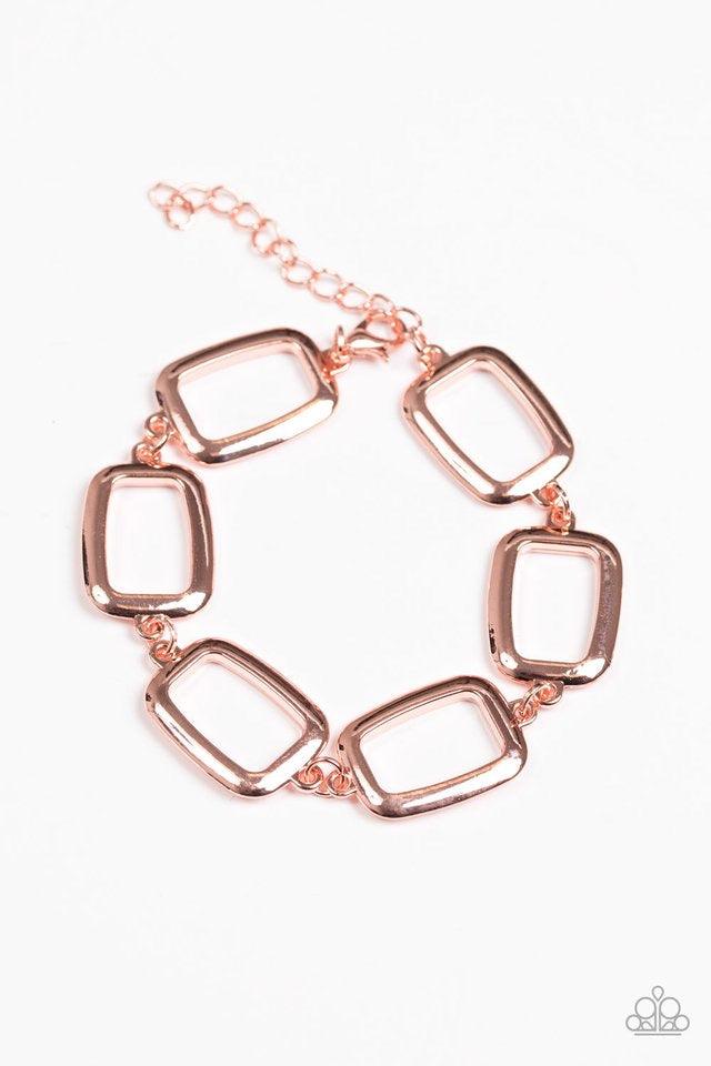 Paparazzi Accessories Basic Geometry - Copper Asymmetrical rectangle frames link around the wrist for an edgy geometric look. Features an adjustable clasp closure. Sold as one individual bracelet. Jewelry