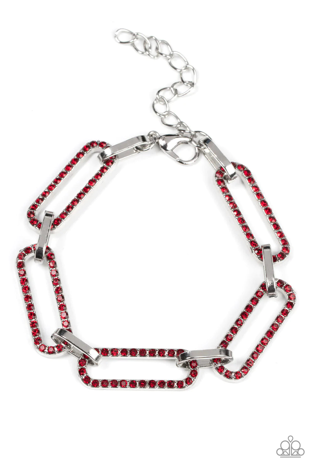 Paparazzi Accessories Still Not OVAL You - Red Dotted in dainty red rhinestones, oblong silver frames link with shiny silver fittings around the wrist for a timeless twinkle. Features an adjustable clasp closure. Sold as one individual bracelet. Bracelets