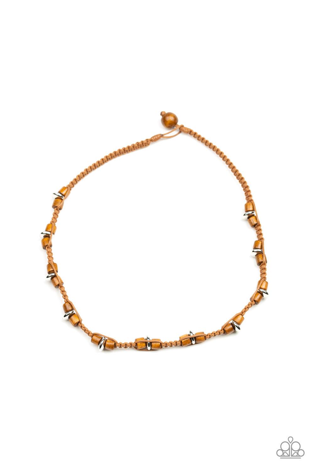 Paparazzi Accessories WOOD You Believe It? ~Brown Braided cording knots around earthy wooden and shiny silver beads below the collar for an urban look. Features a button loop closure.