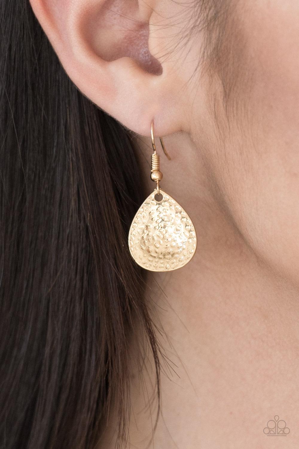 Paparazzi Accessories Storm Goddess - Multi Delicately hammered in light-catching shimmer, gold, gunmetal, and silver teardrops drip from the bottom of a glistening gold chain, creating a bold fringe below the collar. Features an adjustable clasp closure.