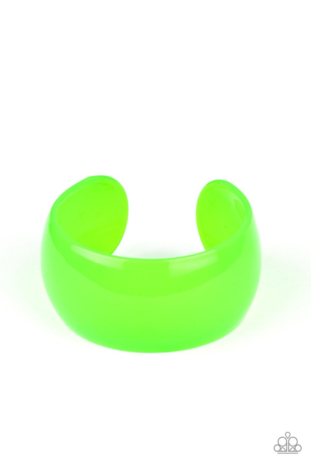 Paparazzi Accessories Fluent In Flamboyance - Green A neon green acrylic cuff curls around the wrist for a colorfully retro look. Jewelry
