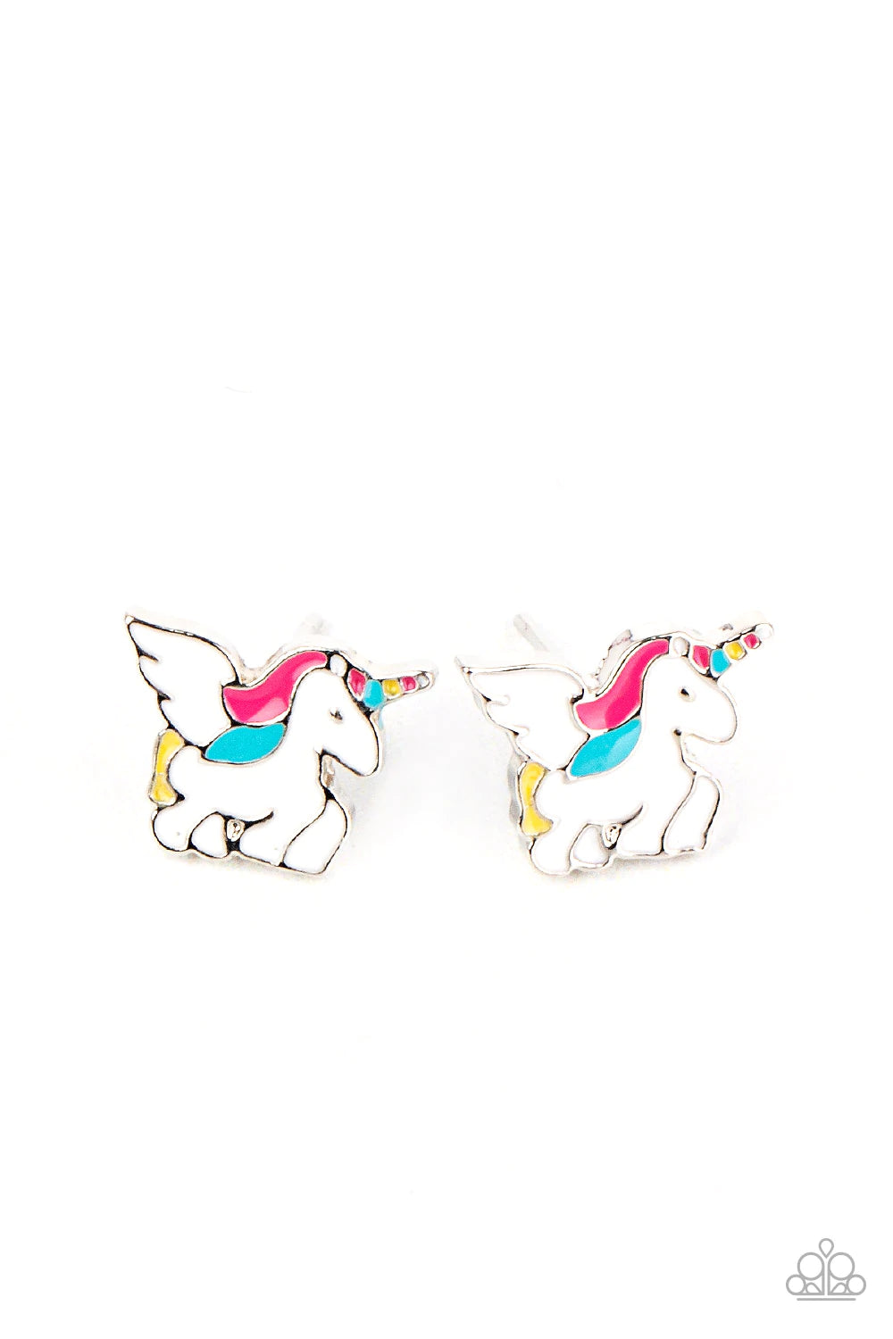 Paparazzi Accessories Starlet Shimmer Earrings #24 The multi-colored winged unicorn frames vary in shades of white, pink, purple, yellow, green, and orange accents. Earrings attach to standard post fittings. Jewelry