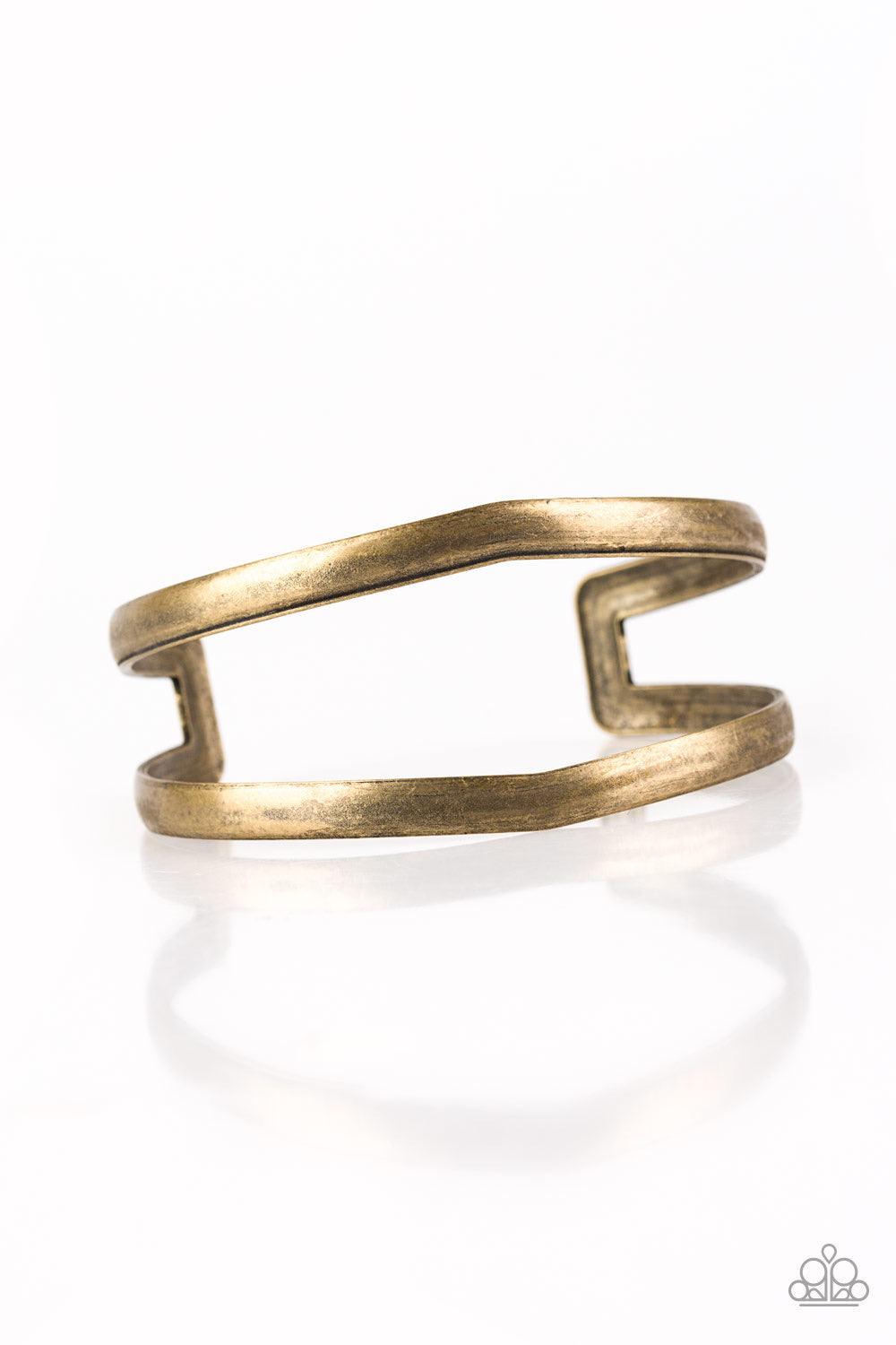 Paparazzi Accessories Palm Trees and Pyramids - Brass Antiqued brass bars race across the wrist, coalescing into an airy cuff. The shimmery bars slightly flare at the center, for a subtle geometric finish. Jewelry