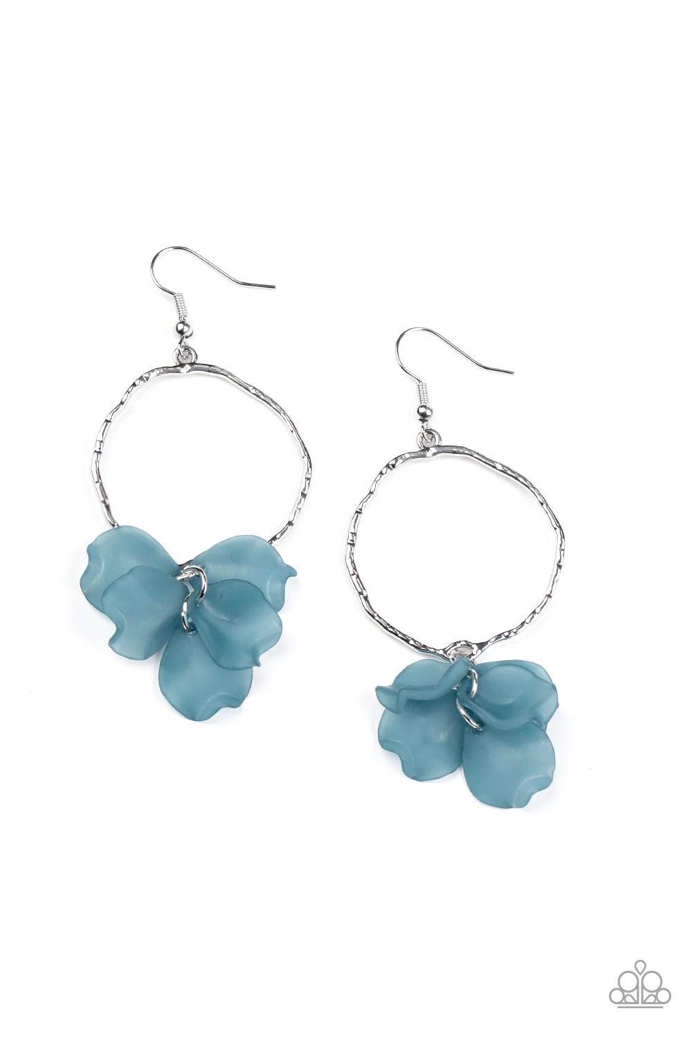 Paparazzi Accessories Petals On The Floor - Blue A cluster of blue acrylic petals delicately swings from the bottom of a hammered asymmetrical hoop, creating a colorful lure. Earring attaches to a standard fishhook fitting. Sold as one pair of earrings. J