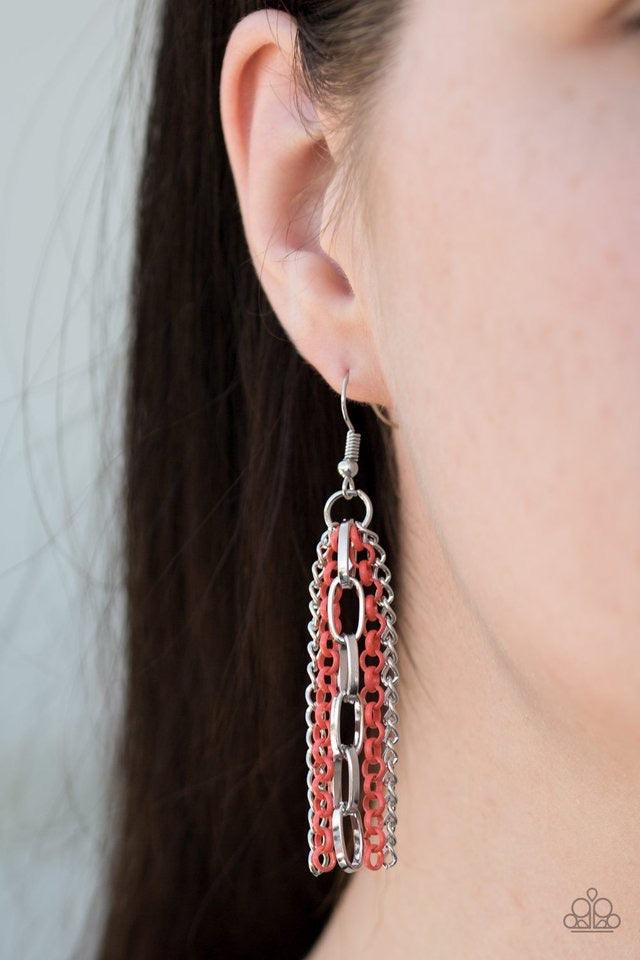 Paparazzi Accessories Right On Key - Orange Layers of orange and silver chain fall together to create the illusion of five separate necklaces. Each silver chain is adorned with a small silver charm, including a heart and a key. Features an adjustable clas