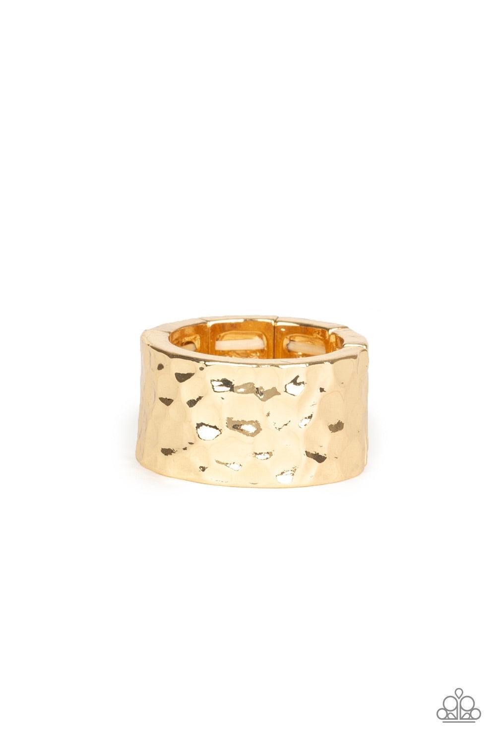 Paparazzi Accessories Self-Made Man - Gold A thick gold band has been hammered in shimmery detail for a metro inspired look. Features a stretchy band for a flexible fit. Jewelry