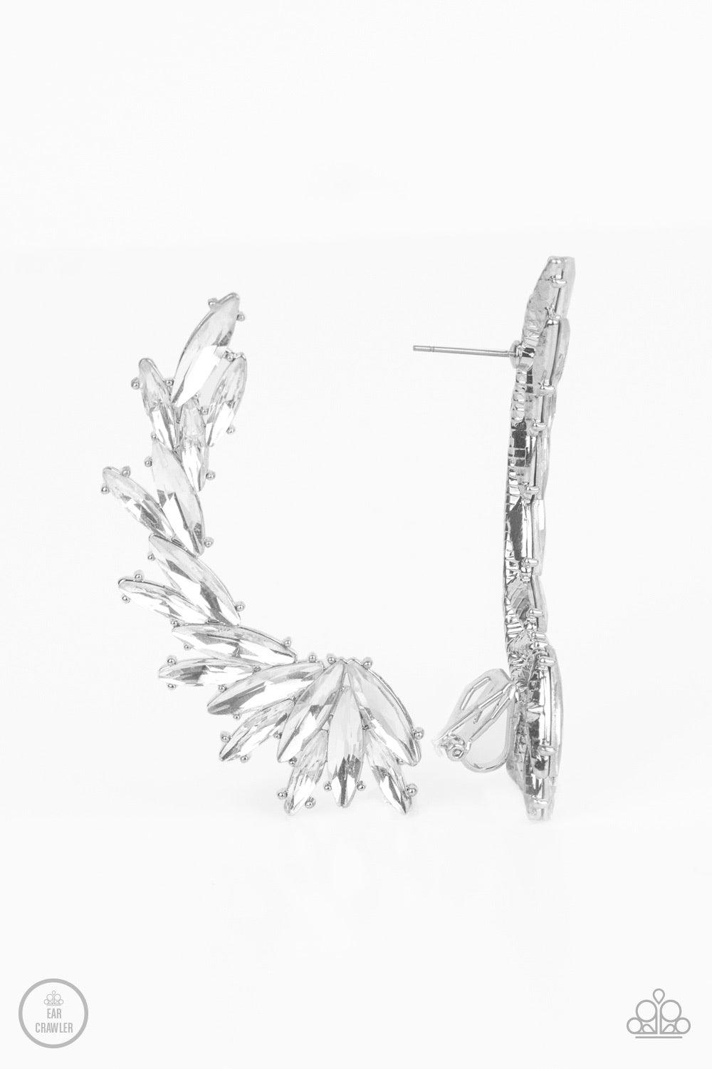 Paparazzi Accessories Because ICE Said So - White An explosion of marquise-cut white rhinestones delicately climb the ear, coalescing into an icy frame. Earring attaches to a standard post fitting. Features a clip-on fitting at the top for a secure fit. S