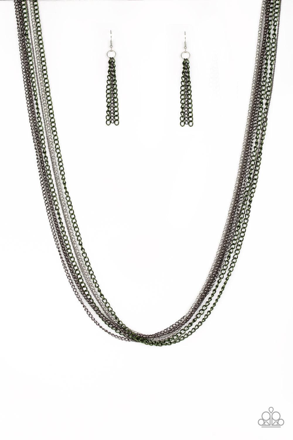 Paparazzi Accessories Colorful Calamity - Green Brushed in a metallic finish, green chains collide with mismatched gunmetal and silver chains across the chest. Shimmery silver and gunmetal popcorn chains join the colorful layers, adding shimmery metallic