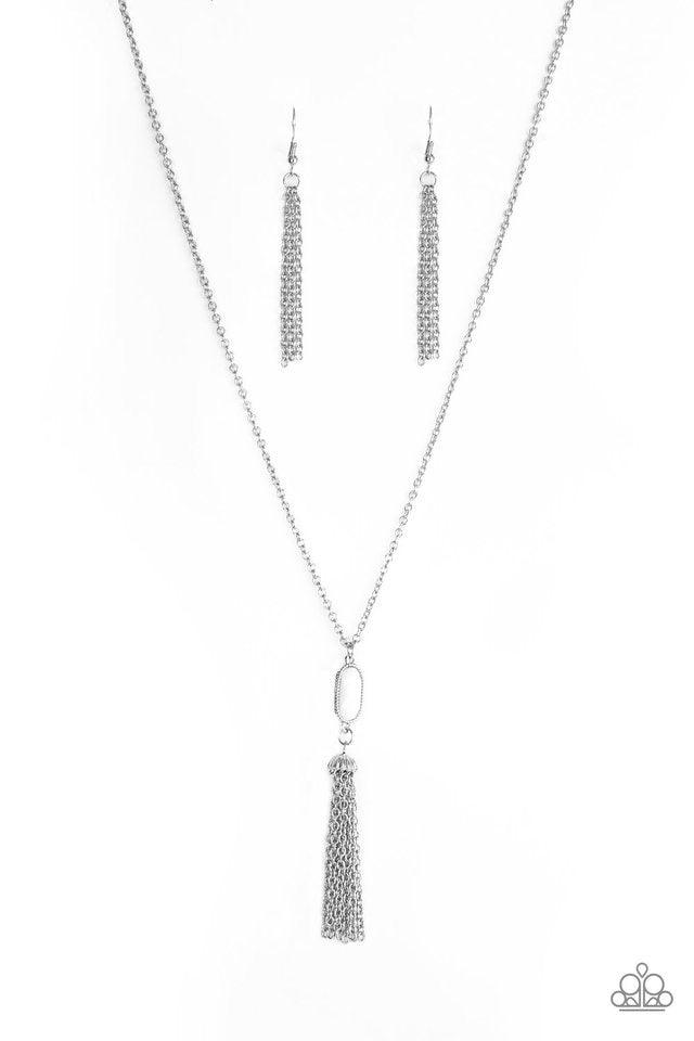 Paparazzi Accessories Tassel Tease - White Swinging from a lengthened silver chain, a faceted white bead gives way to a shimmery silver tassel for a whimsical look. Features an adjustable clasp closure. Sold as one individual necklace. Includes one pair o
