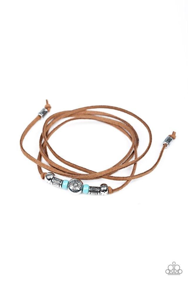 Paparazzi Accessories Find Your Way - Blue An array of blue and silver beads are knotted in place along elongated suede cording for a wanderlust fashion. To secure bracelet, tie ends in place around the wrist at desired length. Sold as one individual brac
