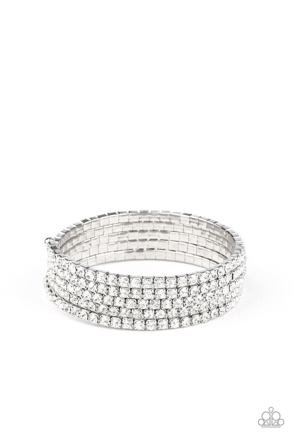 Paparazzi Accessories The GLOW-Digger - White Encased in sleek silver fittings, row after row of glassy white rhinestones coil around the wrist, creating a blinding infinity wrap bracelet. Jewelry