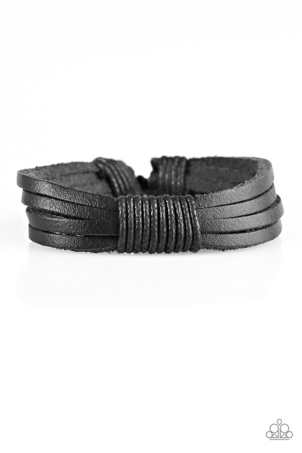 Paparazzi Accessories End of the Road - Black Shiny black cording knots around skinny black leather bands, securing the bands in place for a casual urban look. Features an adjustable sliding knot closure. Jewelry