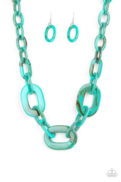 Paparazzi Accessories All In-VINCIBLE - Blue Brushed in a faux-marble finish, bold turquoise links connect below the collar for a statement making look. Features an adjustable clasp closure. Jewelry