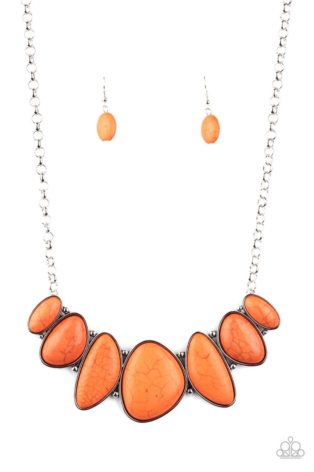 Paparazzi Accessories Primitive - Orange Robust orange stones are pressed into asymmetrical silver frames, coalescing into a bold pendant below the collar. Features an adjustable clasp closure. Sold as one individual necklace. Includes one pair of matchin