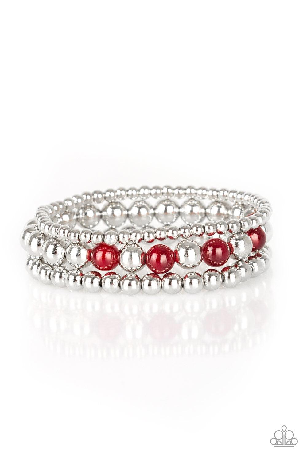 Paparazzi Accessories Always On The Glow - Red Infused with glowing red moonstones, shiny silver beads are threaded along stretchy bands for a whimsical look. Sold as one set of three bracelets. Jewelry