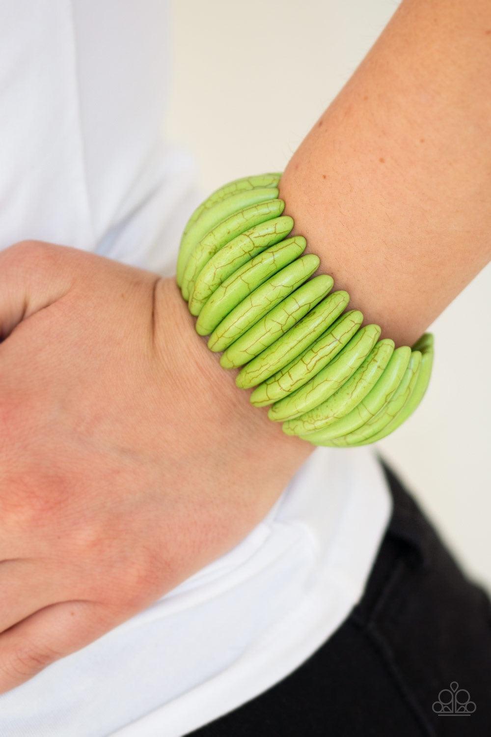 Paparazzi Accessories Naturally Nomad - Green Chiseled into earthy crescent shapes, refreshing green stones are threaded along stretchy bands around the wrist for an artisan inspired look. Jewelry