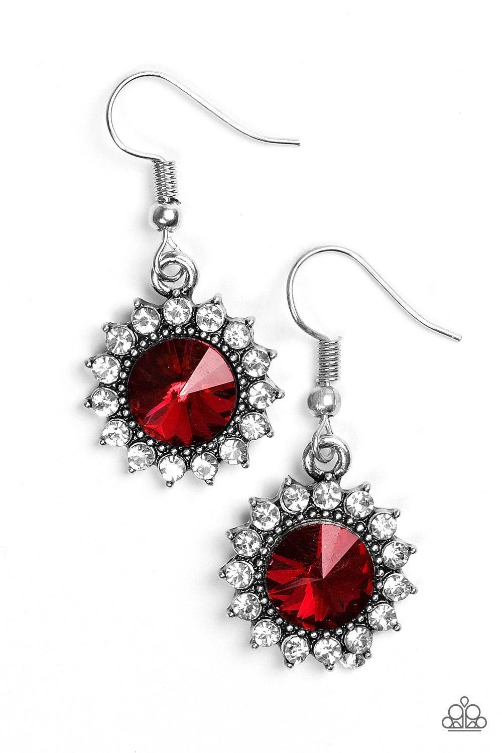 Paparazzi Accessories Bring In The BEAM Team - Red A glittery red rhinestone is pressed into a silver frame radiating with dainty white rhinestones for a glamorous look. Earring attaches to a standard fishhook fitting. Jewelry