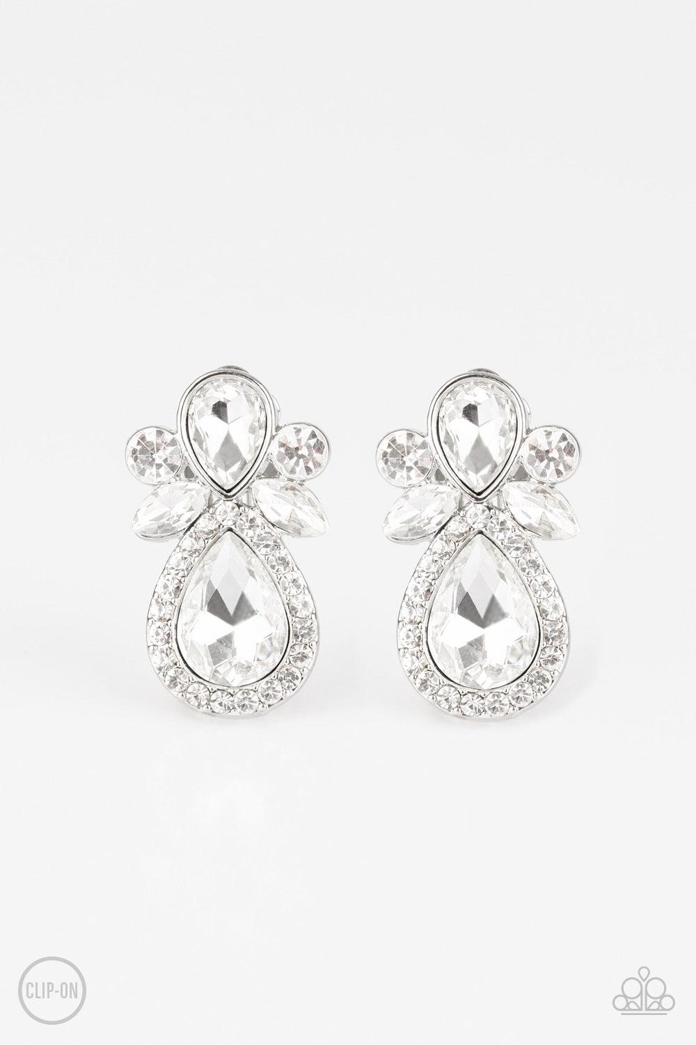 Paparazzi Accessories Celebrity Crowd - White *Clip-On A regal collection of marquise, teardrop, and classic round style cut white rhinestones coalesce into a glamorous frame. Earring attaches to a standard clip-on fitting. Jewelry