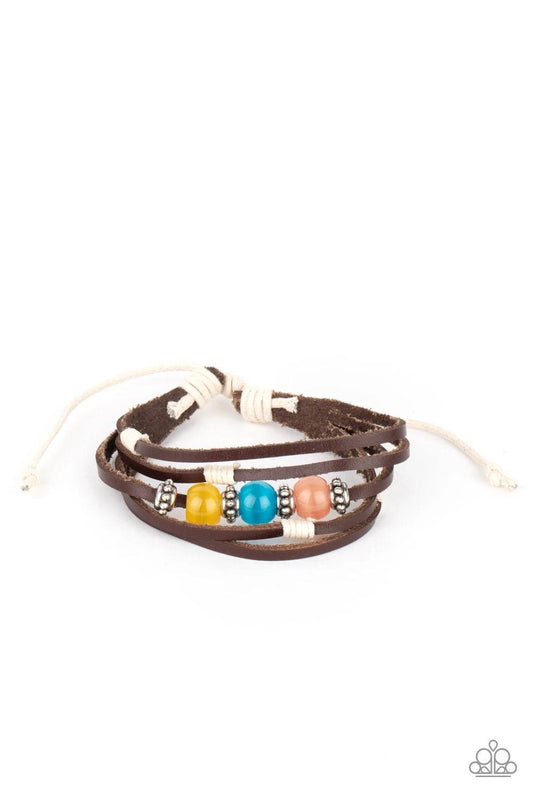 Paparazzi Accessories Homespun Radiance - Multi Infused with studded silver accents, a row of Desert Mist, Blue Tint, and Illuminating cat's eye stone beads adorn the centermost strand of layered leather bands around the wrist for a colorful seasonal look