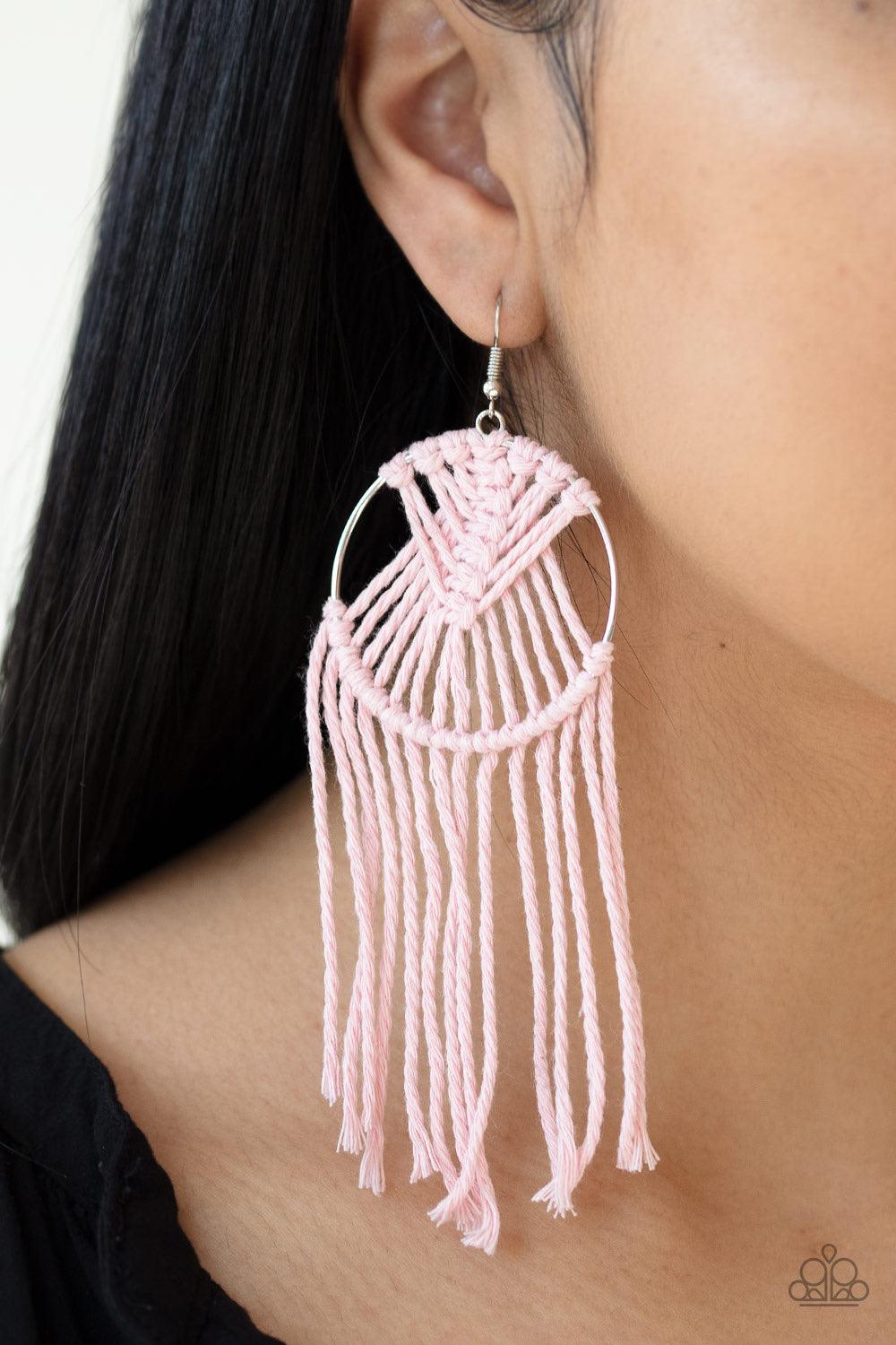 Paparazzi Accessories MACRAME, Myself, and I - Pink Soft Coral Pink twine is decoratively knotted around a silver hoop, creating a trendy tassel. Earring attaches to a standard fishhook fitting. Jewelry