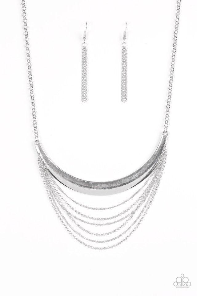 Paparazzi Accessories Way Wayfarer ~Silver Rows of mismatched silver chains connect to a glistening silver crescent, creating horizontal layers down the chest for a wanderlust look. Features an adjustable clasp closure. Sold as one individual necklace. In
