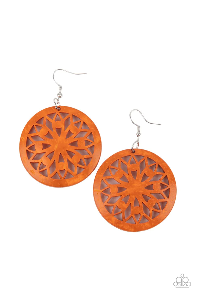 Paparazzi Accessories Ocean Canopy - Orange A bold mandala-inspired design is carved out of an oversized orange disc creating an eye-catching statement. Earring attaches to a standard fishhook fitting. Sold as one pair of earrings. Jewelry