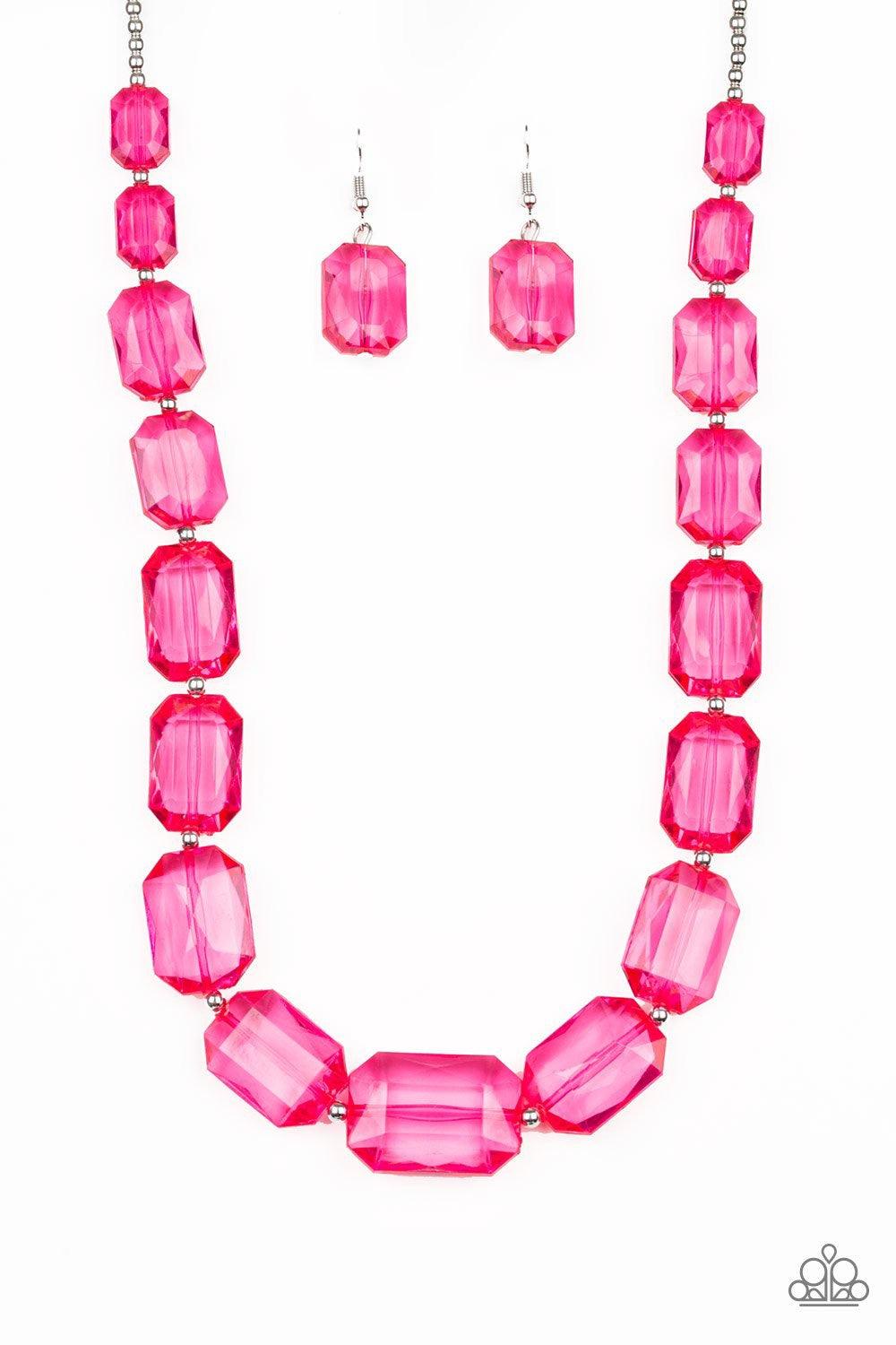Paparazzi Accessories ICE Versa - Pink Infused with dainty silver beads, glassy pink emerald-cut beads gradually increase in size as they drape below the collar. Features an adjustable clasp closure. Jewelry