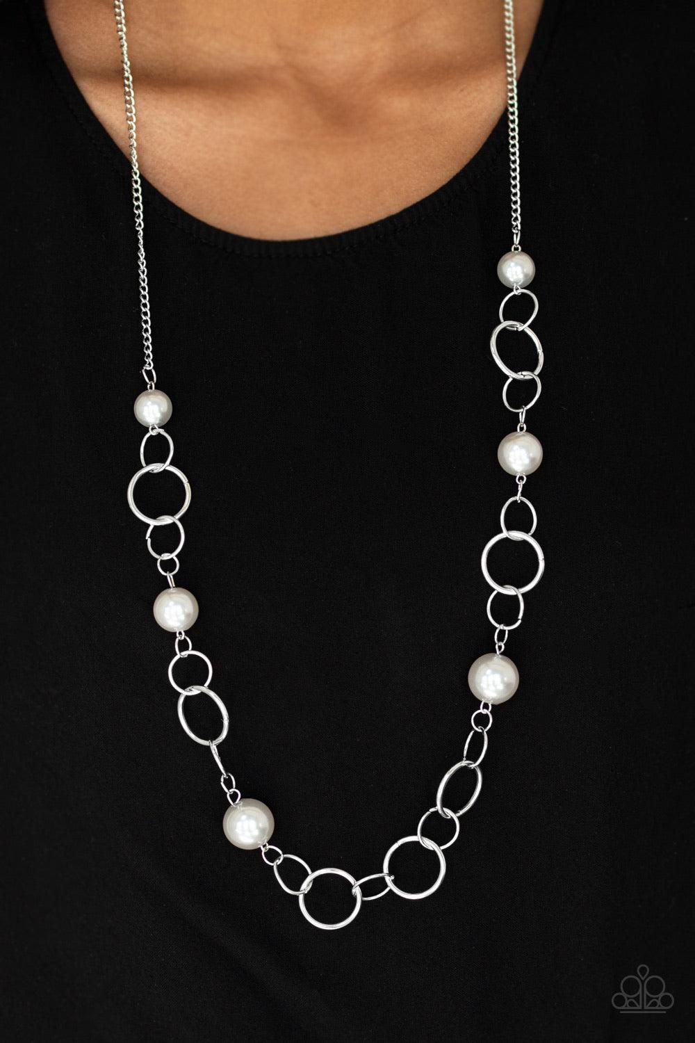 Paparazzi Accessories Darling Duchess - Silver Bubbly silver pearls join mismatched silver hoops across the chest for a glamourous look. Features an adjustable clasp closure. Sold as one individual necklace. Includes one pair of matching earrings. Jewelry