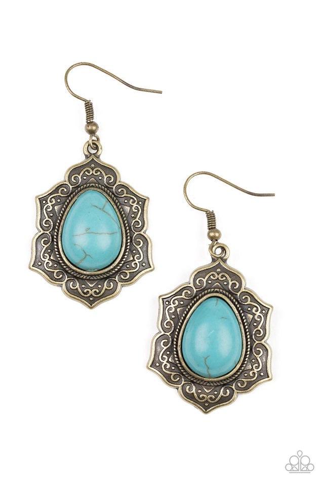 Paparazzi Accessories So Santa Fe - Brass Decorative brass petals spin around a refreshing turquoise stone center for a seasonal look. Earring attaches to standard fishhook fitting. Sold as one pair of earrings. Jewelry