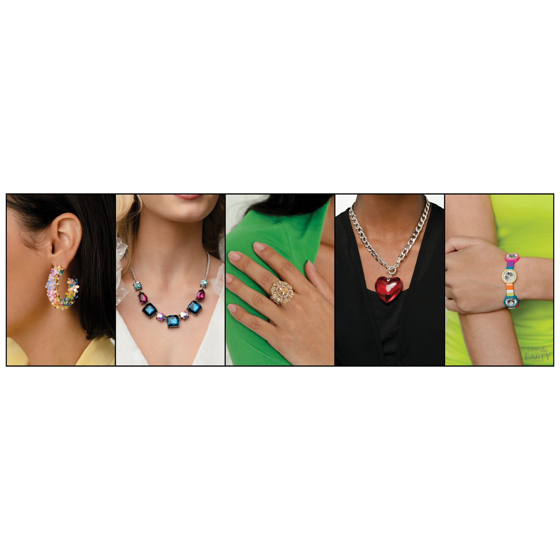 Paparazzi Accessories March 2023 LOP Complete Pack March 2023 LOP Preview Pack of All 5 Exclusive Pieces Includes one of each Life of the Party exclusive accessory for March 2023:Necklace: "GLASSY-Hero - Red" Hoop Earring: "Fairy Fantasia - Multi" Necklac