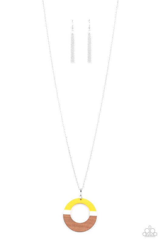 Paparazzi Accessories Sail Into the Sunset - Yellow Painted in yellow and white stripes, an earthy brown wooden hoop swings from the bottom of a lengthened silver chain for a seasonal flair. Features an adjustable clasp closure. Jewelry