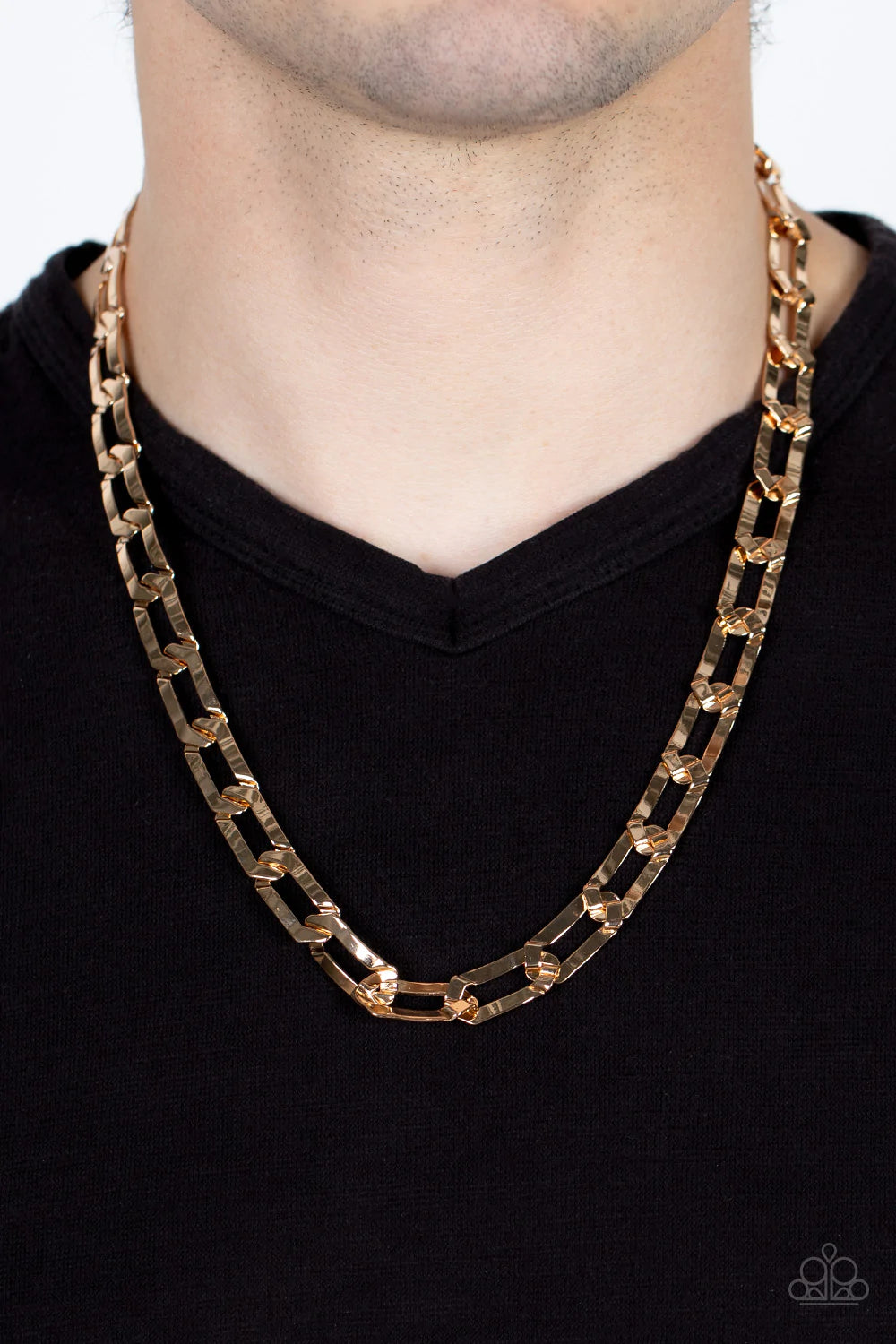 Paparazzi Accessories Full- Court Press - Gold Crimped gold oval links boldly interconnect across the chest, creating a classic urban look. Features an adjustable clasp closure. Sold as one individual necklace.