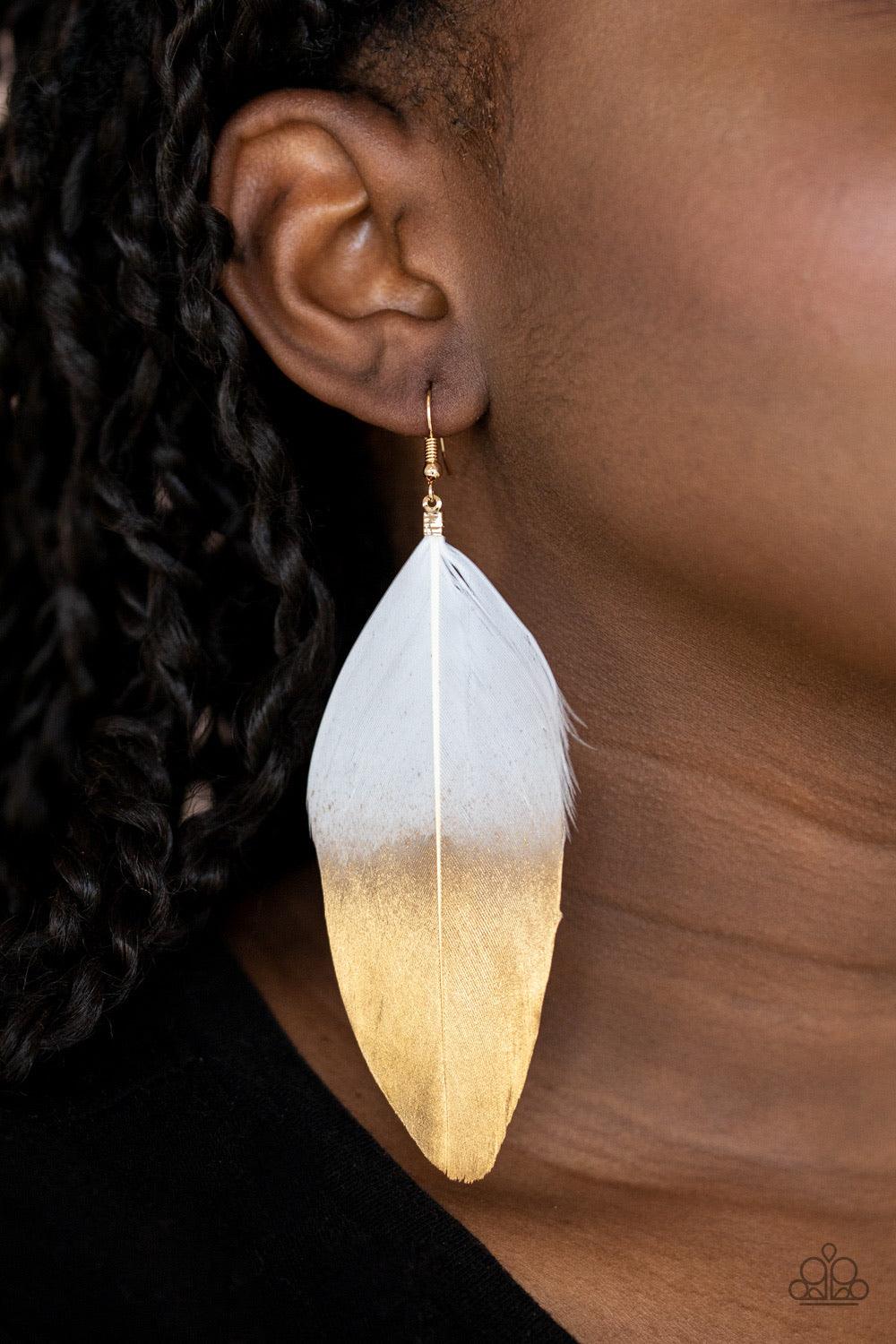 Paparazzi Accessories Fleek Feathers - White Dipped in a golden shimmer, a soft white feather fans from the ear in a statement-making fashion. Earring attaches to a standard fishhook fitting. Sold as one pair of earrings. Jewelry