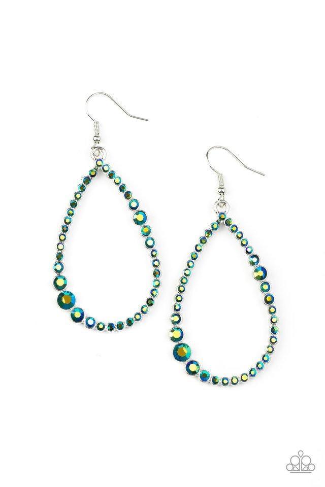 Paparazzi Accessories Diva Dimension - Green Featuring an iridescent shimmer, a variety of glittery green rhinestones coalesce into a sparkly teardrop. Earring attaches to a standard fishhook fitting. Sold as one pair of earrings. Jewelry