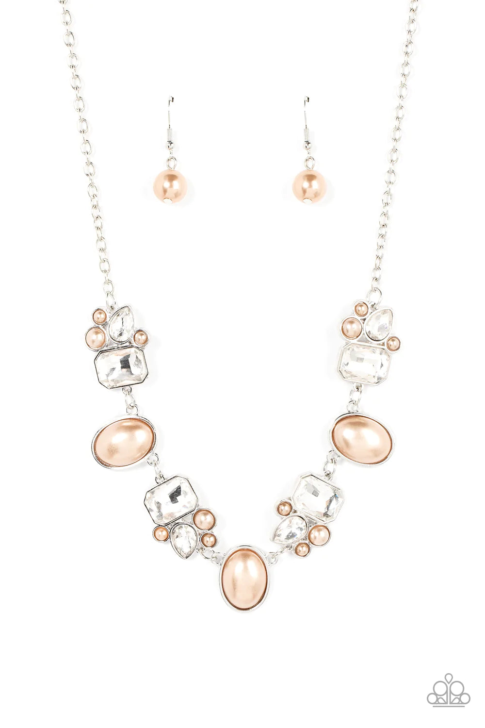 Paparazzi Accessories Sensational Showstopper - Brown Swoon-worthy emerald cut and teardrop rhinestones, accented with bubbly brown pearl beads, coalesce into stunning asymmetrical frames. A trio of elegant brown oval pearl beads alternates with the asymm