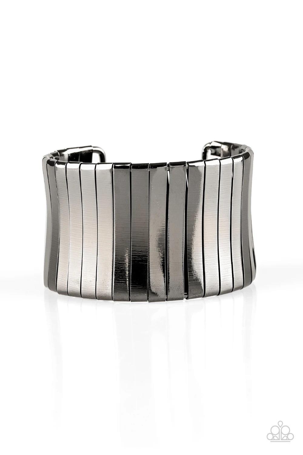 Paparazzi Accessories Urban Uptrend ~Black Flat gunmetal frames wrap around a gunmetal frame, creating a bold cuff around the wrist. Sold as one individual bracelet.