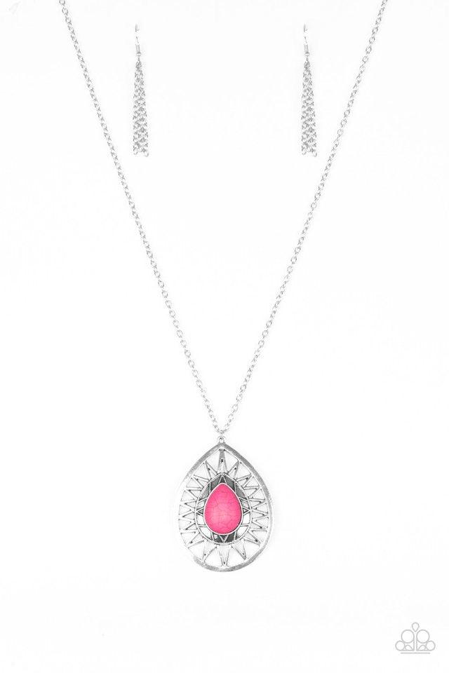 Paparazzi Accessories Summer Sunbeam - Pink A vivacious pink stone is pressed into the center of a large silver teardrop radiating with shimmery sunburst patterns. The tribal inspired pendant swings from the bottom of a lengthened silver chain for a drama