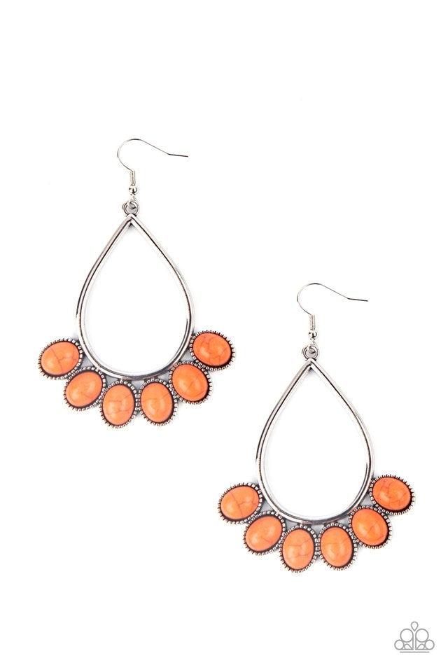 Paparazzi Accessories Stone Sky - Orange Featuring decorative silver fittings, smooth orange stones fan out from the bottom of an airy silver teardrop frame for a seasonal flair. Earring attaches to a standard fishhook fitting. Sold as one pair of earring