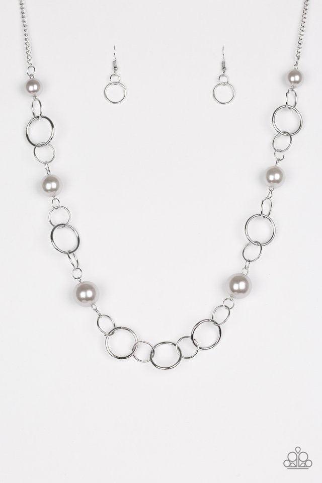 Paparazzi Accessories Darling Duchess - Silver Bubbly silver pearls join mismatched silver hoops across the chest for a glamourous look. Features an adjustable clasp closure. Sold as one individual necklace. Includes one pair of matching earrings. Jewelry