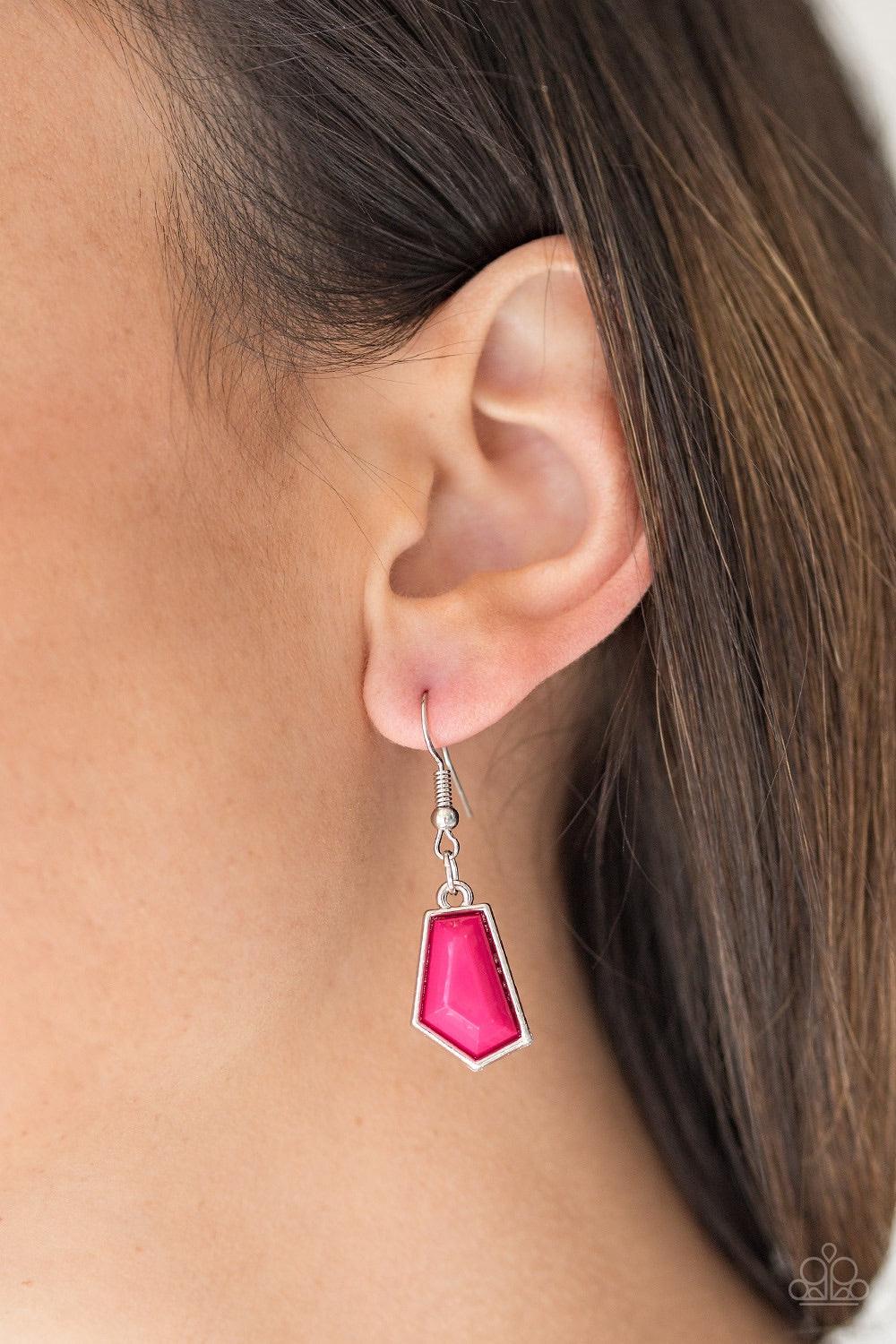 Paparazzi Accessories Get Up And Geo - Pink Featuring emerald-style cuts, faceted pink beads are pressed into sleek silver frames. The colorful frames join at the bottom of a shimmery silver chain, creating a bold geometric fringe below the collar. Featur