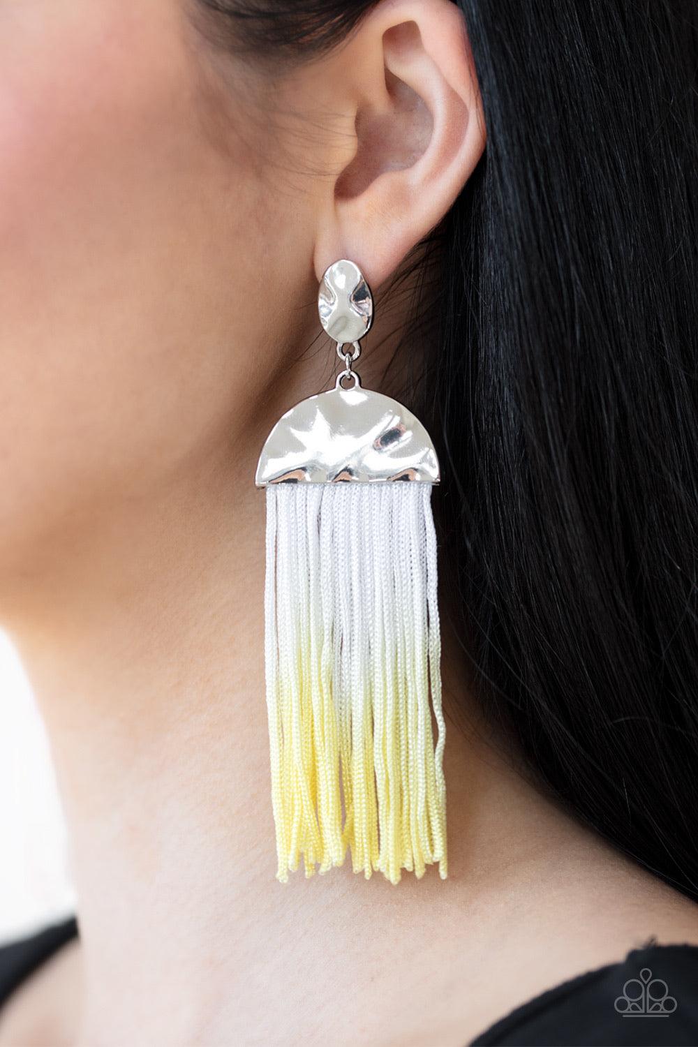 Paparazzi Accessories Rope Them In - Yellow Rope-like tassels gradually fade from white to yellow as they swing from the bottom of stacked hammered silver frames, creating a colorful fringe. Earring attaches to a standard post fitting. Jewelry