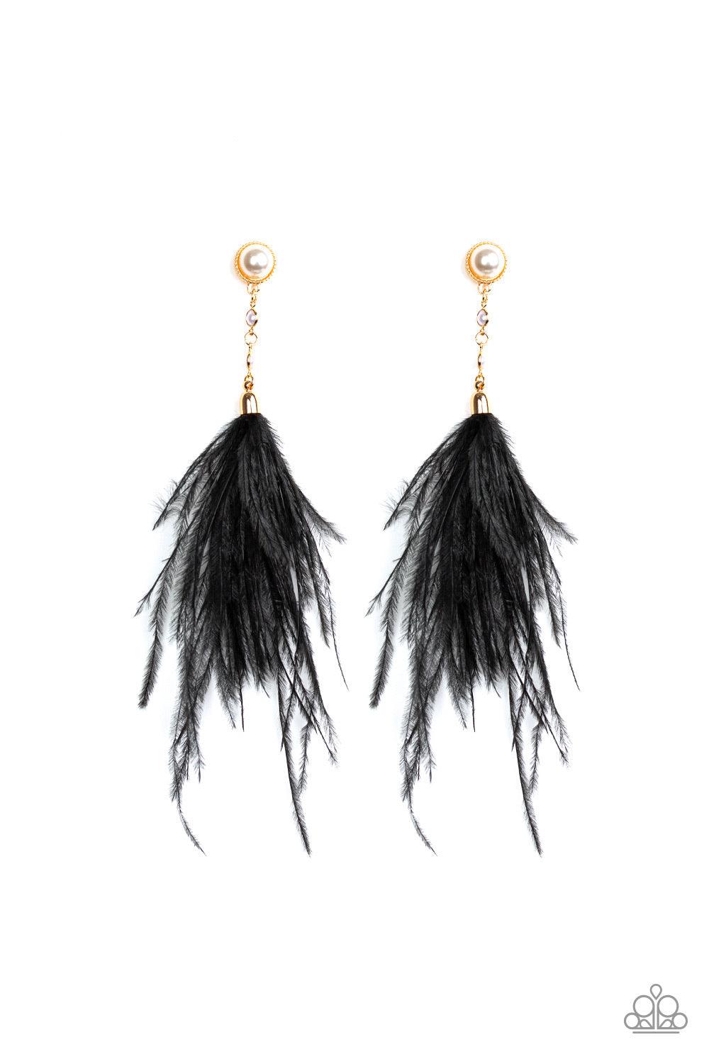Paparazzi Accessories Vegas Vixen ~Black A plume of black feathers flares out from the bottom of linked pearl dotted gold frames, creating a glamorous tassel. Earring attaches to a standard post fitting.
