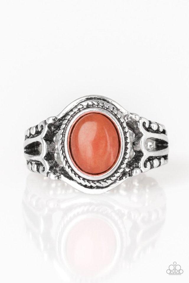 Paparazzi Accessories Peacefully Peaceful - Orange A tranquil Burnt Orange stone is pressed into the center of a studded silver band for a seasonal look. Features a dainty stretchy band for a flexible fit. Sold as one individual ring. Jewelry