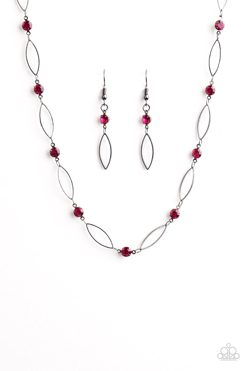 Paparazzi Accessories Time Is Of The Essence - Pink Shimmery gunmetal marquise-shaped frames delicately link with glittery pink rhinestones below the collar, creating a timeless palette. Features an adjustable clasp closure. Jewelry