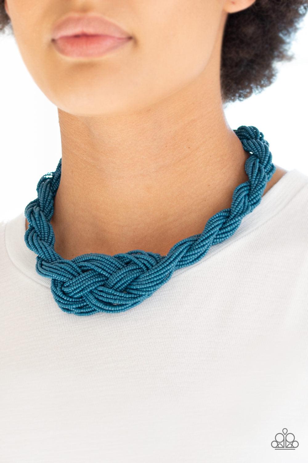 Paparazzi Accessories A Standing Ovation - Blue Countless strands of blue seed beads are twisted and knotted together to create an unforgettable statement piece. Features an adjustable clasp closure. Sold as one individual necklace. Includes one pair of m