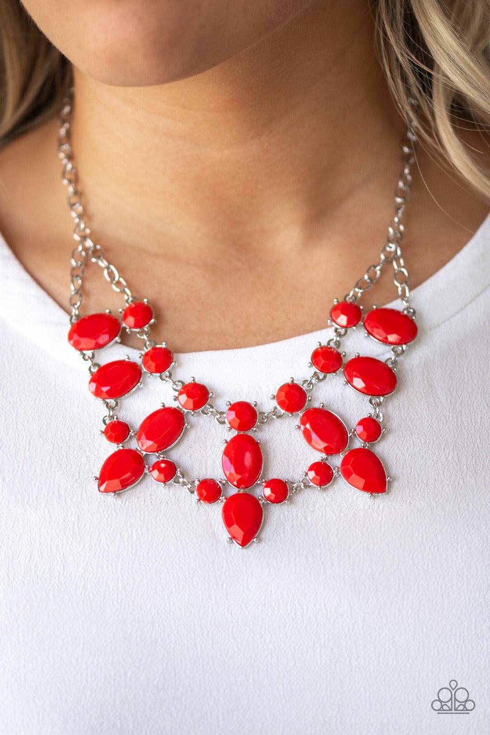 Paparazzi Accessories Goddess Glow - Red A collision of round, oval, and teardrop red beaded frames delicately connect below the collar for a glamorous look. Features an adjustable clasp closure. Jewelry
