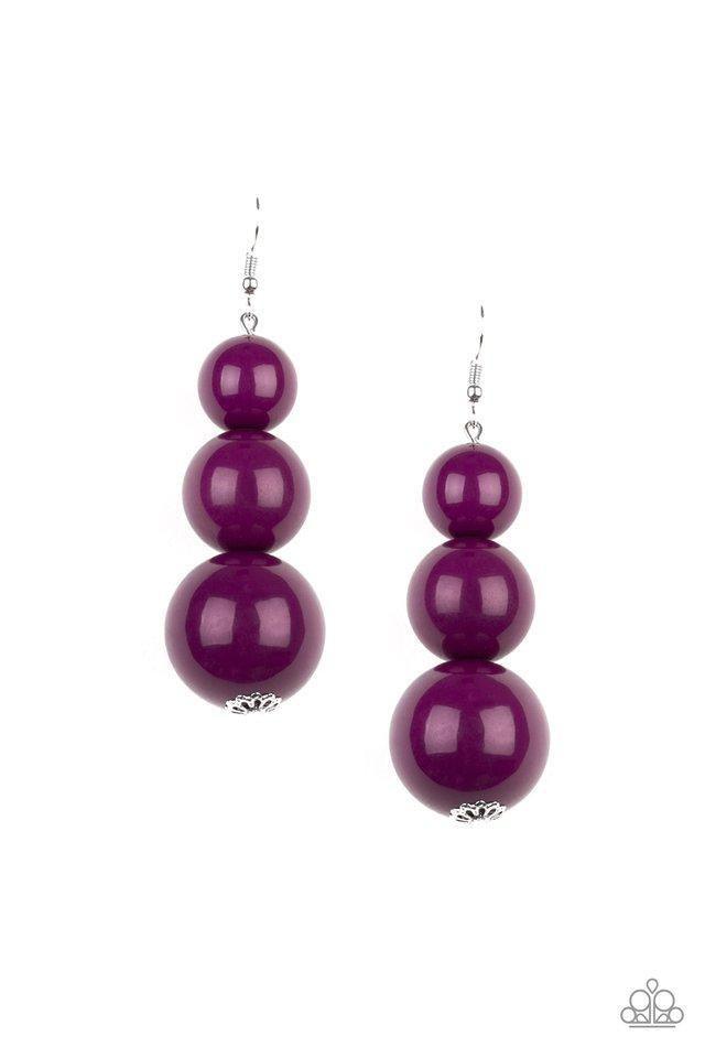 Paparazzi Accessories Material World - Purple Over sized purple beads gradually increase in size as they drip from the ear, coalescing into a colorful statement piece. Earring attaches to a standard fishhook fitting. Jewelry