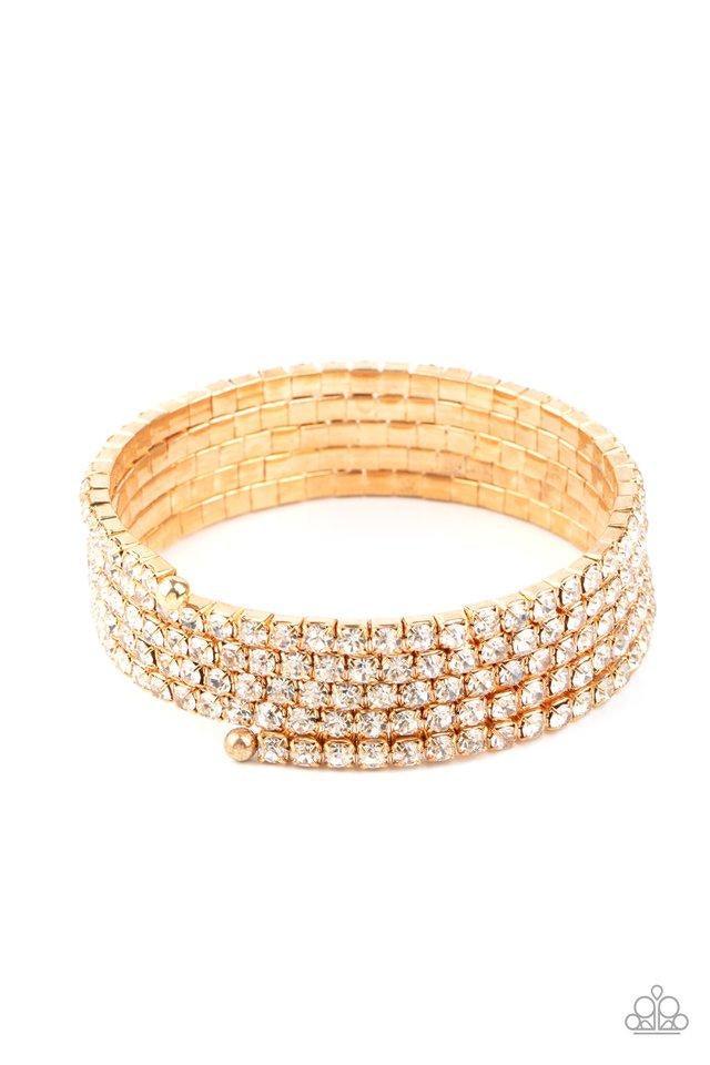 Paparazzi Accessories The GLOW-Digger - Gold Encased in glistening gold fittings, row after row of glassy white rhinestones coil around the wrist, creating a blinding infinity wrap bracelet. Jewelry