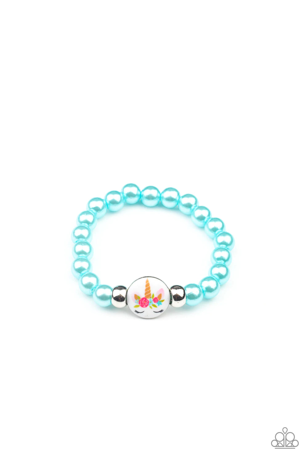 Paparazzi Accessories Starlet Shimmer Bracelets #23 Crowned with a floral bouquet, a unicorn with fluttering eyelashes adorns a white metallic disc. The stretchy beaded bracelets vary in springtime colors of blue, hot pink, light pink, and green. Jewelry